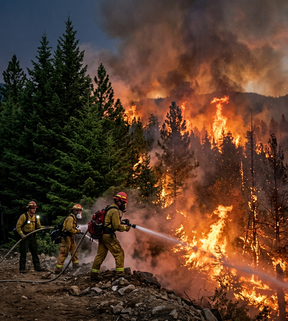 Firefighters fighting a forest fire.